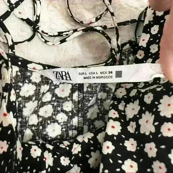 ZARA Black White Daisy Micro Floral Flower Print Linen Blend Midi Dress Sz L - Picture 12 of 15